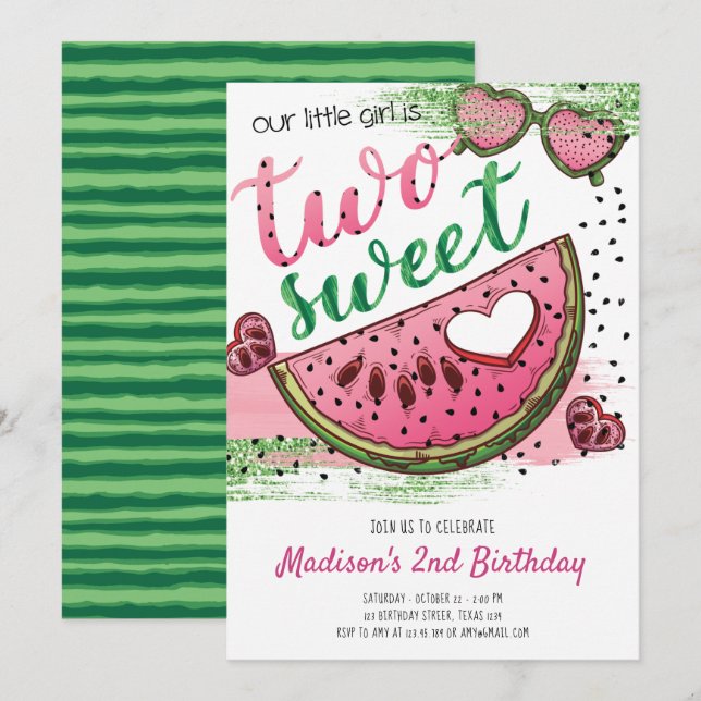 Invitation Mignonne rose vert un dans un Melon 2e anniversair (Devant / Derrière)