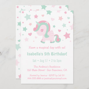 Invitation Mignonne Rose Vert Unicorn Filles Anniversaire