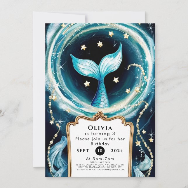 Invitation Mignonne sirène d'aquarelle Anniversaire (Devant)