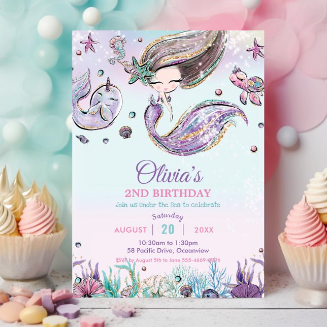 Invitation Mignonne sirène sous la mer Narwhal violet Anniver (cute brunette mermaid under the sea turtle seahorse purple pink pool birthday party invitation cards)