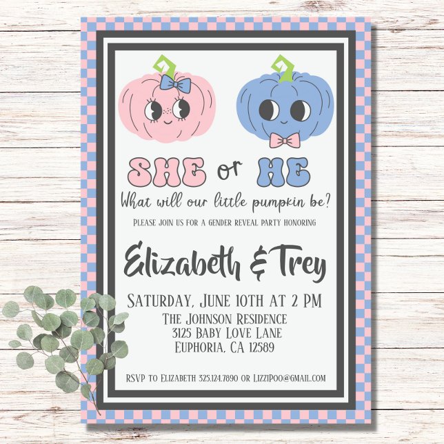 Invitation Mignonne Super Halloween Citrouille Genre Reveille (Super pink and blue pumpkin invitation for fall baby gender reveal party!)