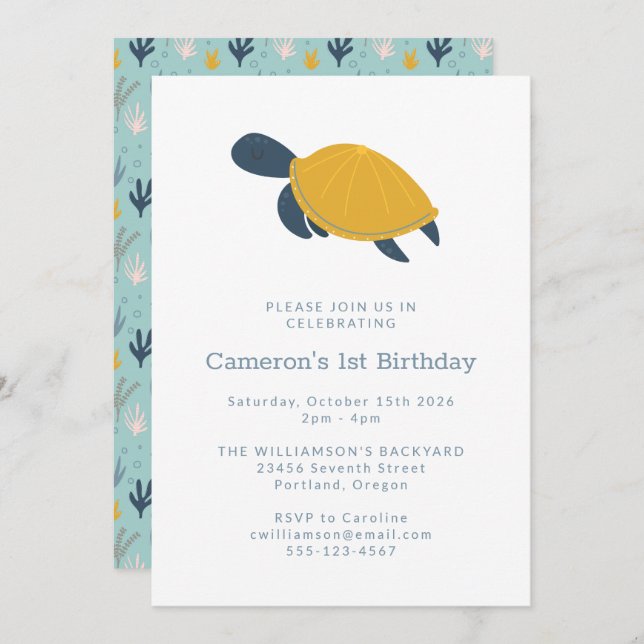 Invitation Mignonne tortue de mer moderne Simple 1er annivers (Devant / Derrière)