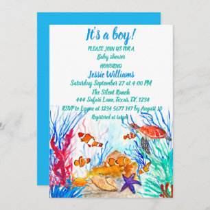 Invitation Mignonne tortue de mer sous la mer Bleu Bébé Garço