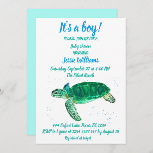 Invitation Mignonne tortue de mer sous la mer Bleu Bébé Garço
