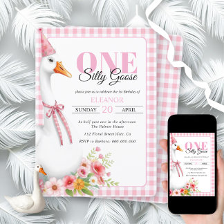 Invitation Mignonne Une oie bête, en vichy 1er anniversaire d