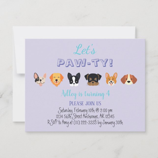 Invitation Mignonne Violet Faisons Pawty Fille Chiot Fête d'a (Devant)