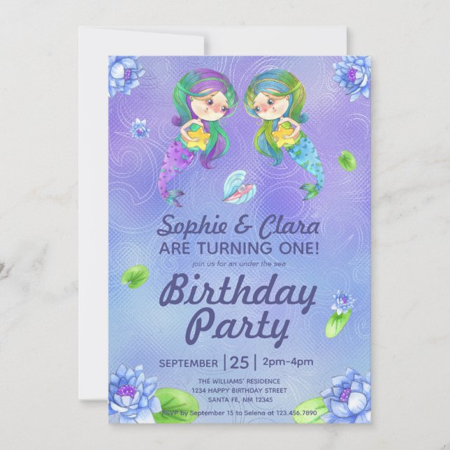 Invitation Mignonnes sous la mer Twin Girls Anniversaire (Devant)