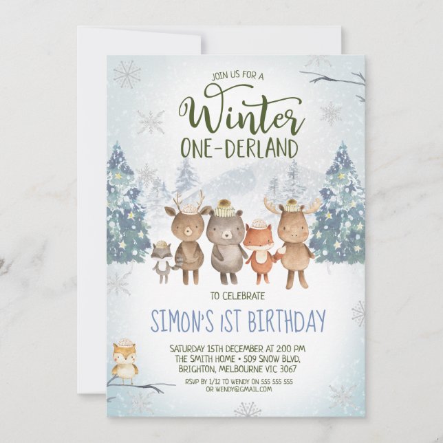 Invitation Mignons animaux de bois d'hiver Onederland d'hiver (Devant)