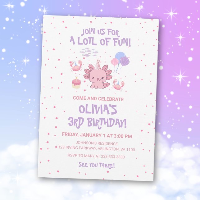 Invitation Mignons Axolotls Doux Enfants Étoiles Roses Annive (Créateur téléchargé)