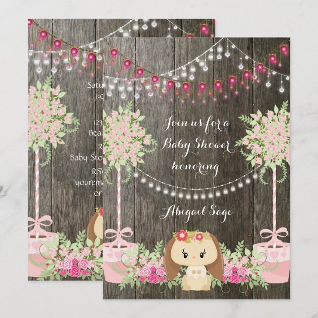 Invitation Mignons lapin et fleurs Rustique Baby shower Invit (Devant / Derrière)