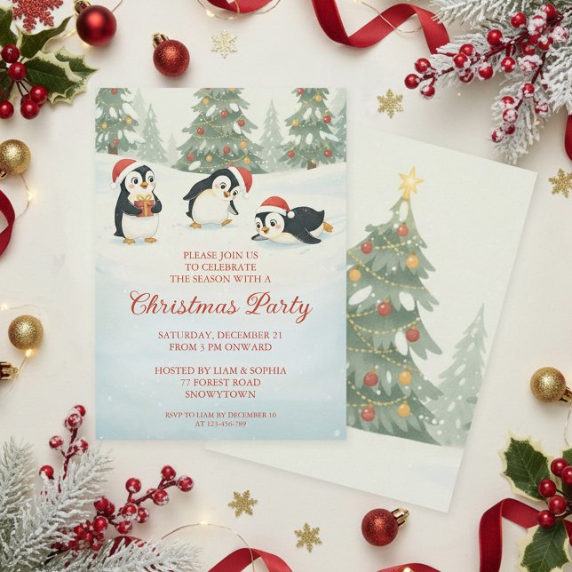 Invitation Mignons Manchots à l'aquarelle Forêt de Noël (Créateur téléchargé)