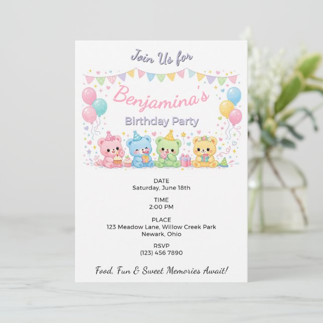 Invitation Mignons Oursons Bébés Pastel Fête d'Anniversaire R (Debout devant)
