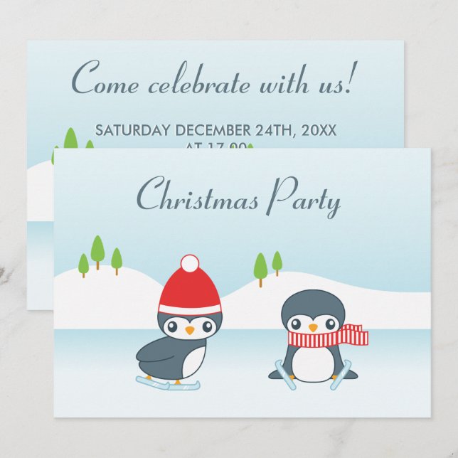 Invitation Mignons pingouins patinant à la fête de Noël (Devant / Derrière)