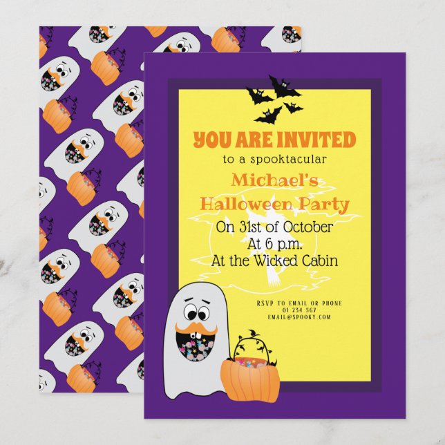 Invitation migre Halloween Ghost citrouille violet motif (Devant / Derrière)
