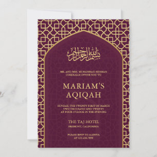 Invitation Mihrab Islamique Aqiqah Elegant Prune Doré