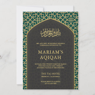 Invitation Mihrab Islamique Élégant Gris Sarcelle Or Aqiqah