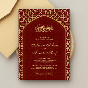 Invitation Mihrab Islamique Or Rouge Élégant Mariage Musulman