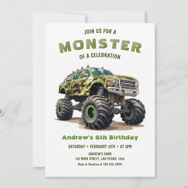 Invitation Militaire Monster Camion Garçon Anniversaire (Devant)