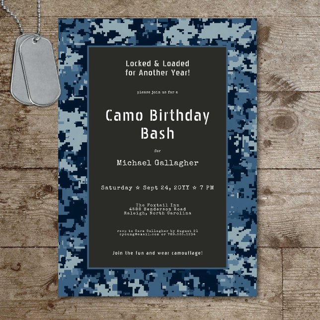Invitation Militaire Soldat Bleu Camouflage Anniversaire (Military Soldier Blue Camouflage Birthday Invitation)
