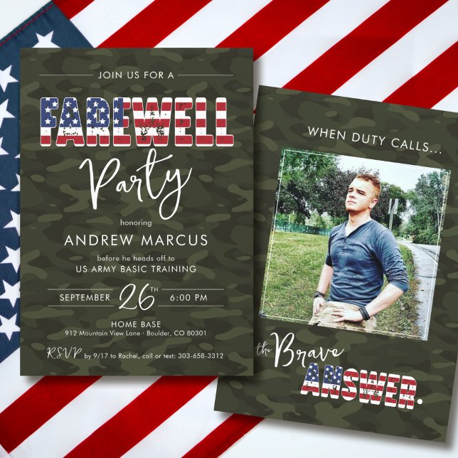 Invitation Military Camo American Flag Photo Farewell Party (Modern Military camo USA Flag soldier photo Army Air Force Marines Navy going away farewell party)