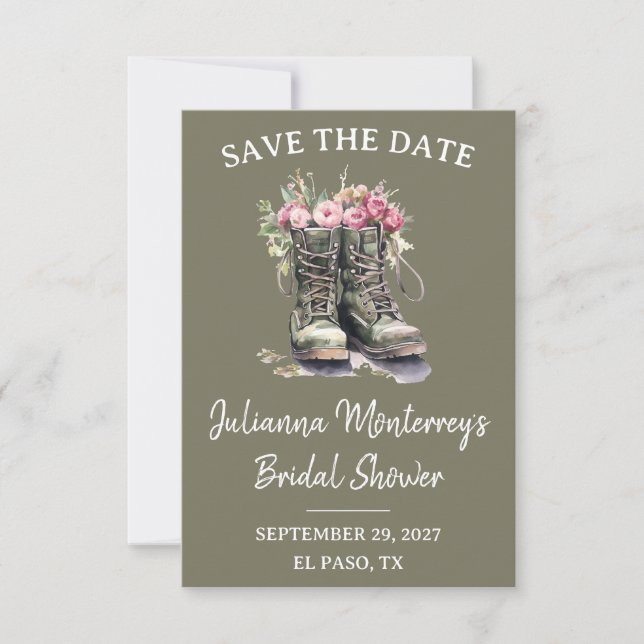 Invitation Military Themed Save the Date, Boots, Floral, Army (Devant)
