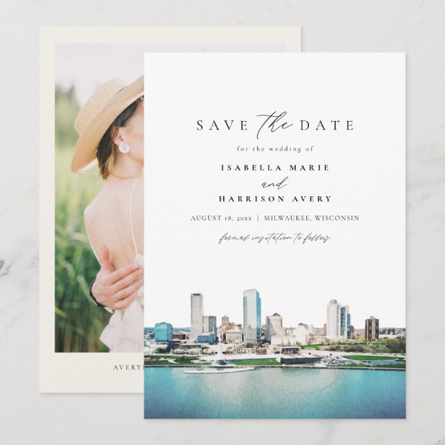Invitation MILWAUKEE Wisconsin Skyline Wedding Enregistrer la (Devant / Derrière)