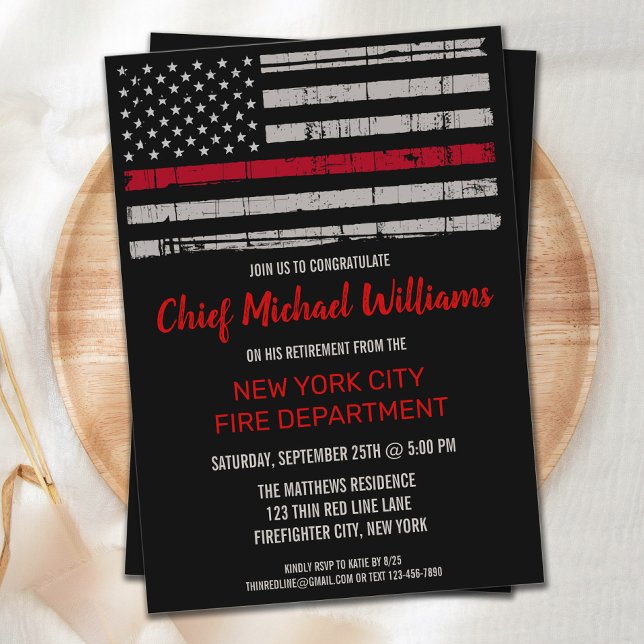 Invitation Mince Red Line Flag Pompier Pompier retraite (Créateur téléchargé)