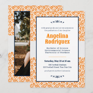 Invitation Miner Orange Floral Damask Photo Graduation