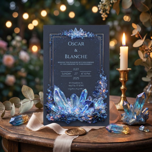 Invitation Minéral Bleu Luminescent Cadre Double Doré Mariage (Créateur téléchargé)