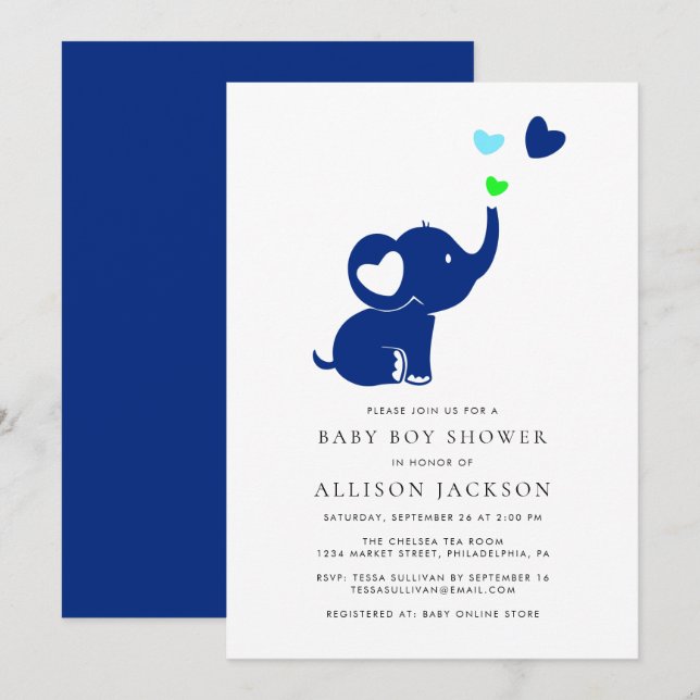 Invitation Mini bébé garçon douche bleu Elephant Coeurs (Devant / Derrière)