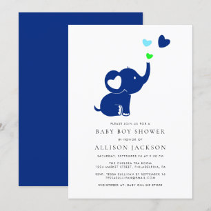 Invitation Mini bébé garçon douche bleu Elephant Coeurs