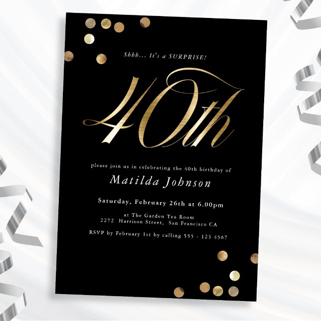 Invitation Mini Black Gold Surprise 40e fête d'anniversaire (Mockup View)
