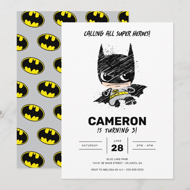 Invitation Mini classique Batman Croquis Anniversaire (Devant / Derrière)