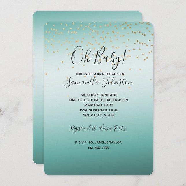 Invitation Mini Confetti Mint Ombre en or Glam Girl (Devant / Derrière)