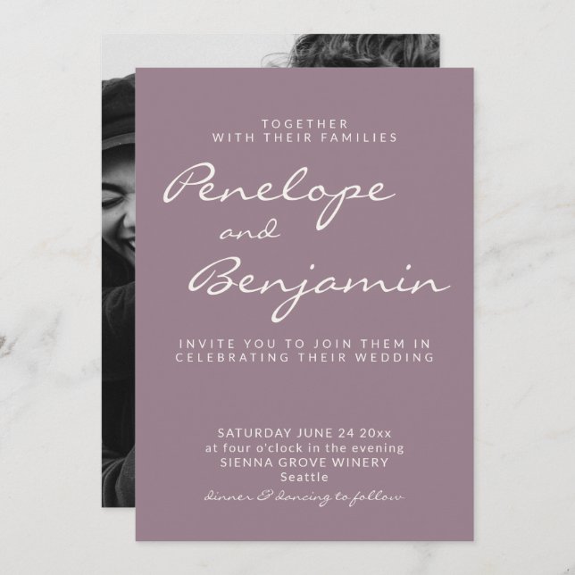 Invitation Mini-dusty violet script Mariage photo (Devant / Derrière)