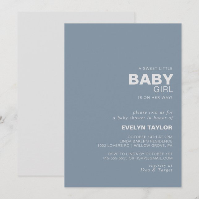 Invitation Mini Elégant Formal Blue Baby Girl douche (Devant / Derrière)