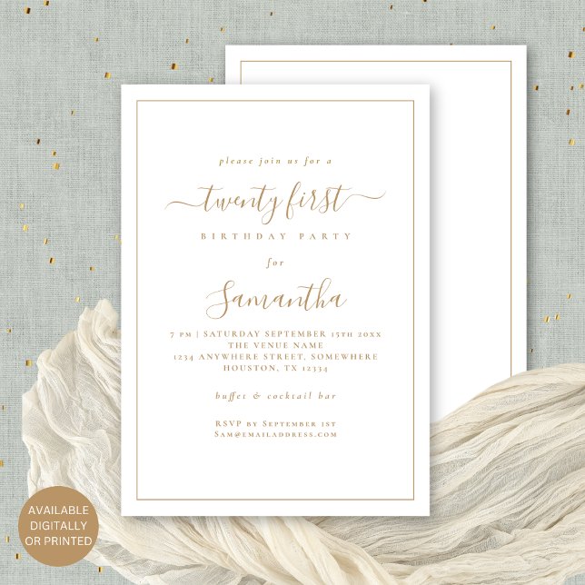 Invitation Mini-Gold Script Bordure 21ème anniversaire (Front and back view. Available digitally or printed)