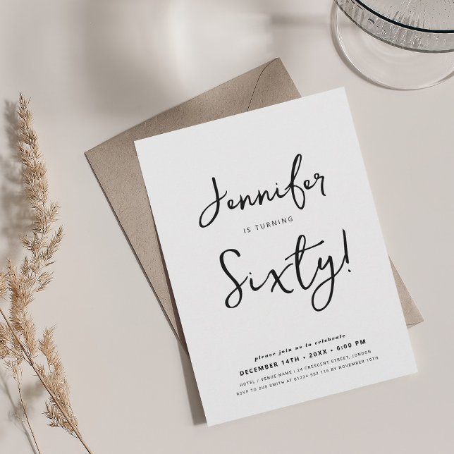 Invitation Mini moderne 60e anniversaire Script noir et blanc (Modern Minimal 60th Birthday Script Black & White Invitation)