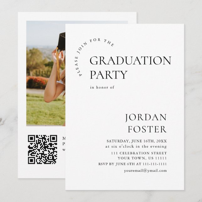 Invitation Mini moderne PHOTO Graduation Party QR code (Devant / Derrière)