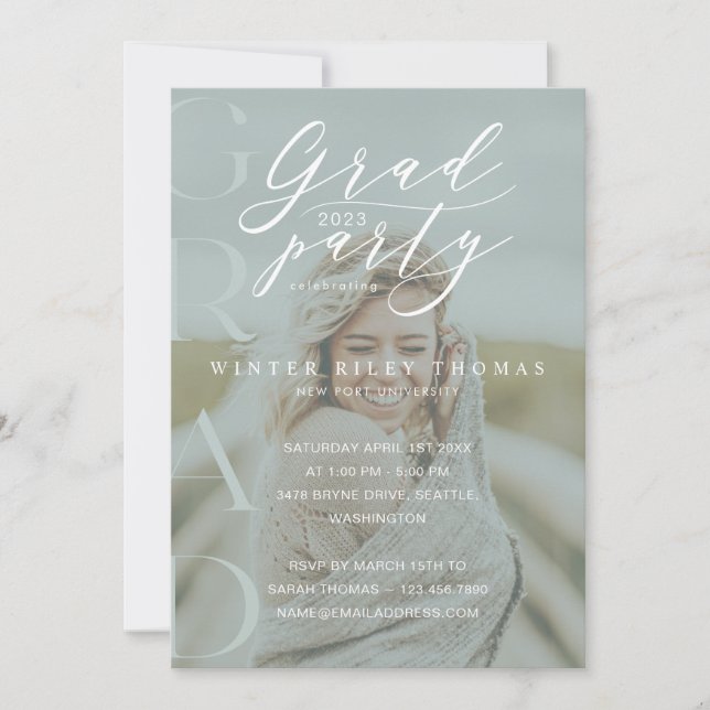 Invitation Mini Photo Grad Party Moderne Calligraphie Vert (Devant)