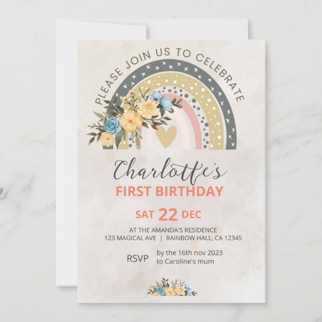 Invitation Mini Pompas Grass Retro Rainbow Boho Anniversaire (Devant)