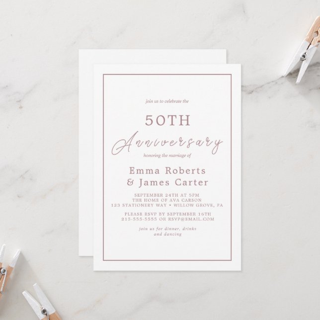 Invitation Mini-Rose Gold 50e anniversaire Mariage (Devant/Arrière en situation)