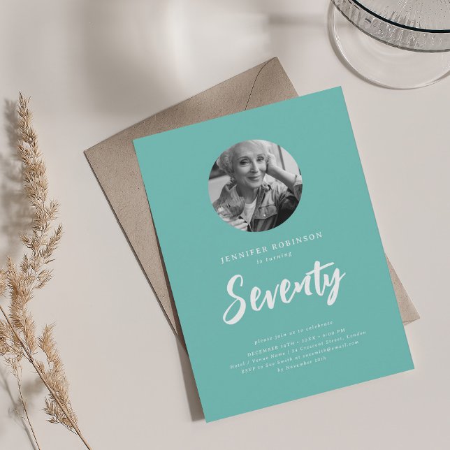 Invitation Mini script photo 70e fête d'anniversaire Turquois (Minimal Script Photo 70th Birthday Party Teal Invitation)