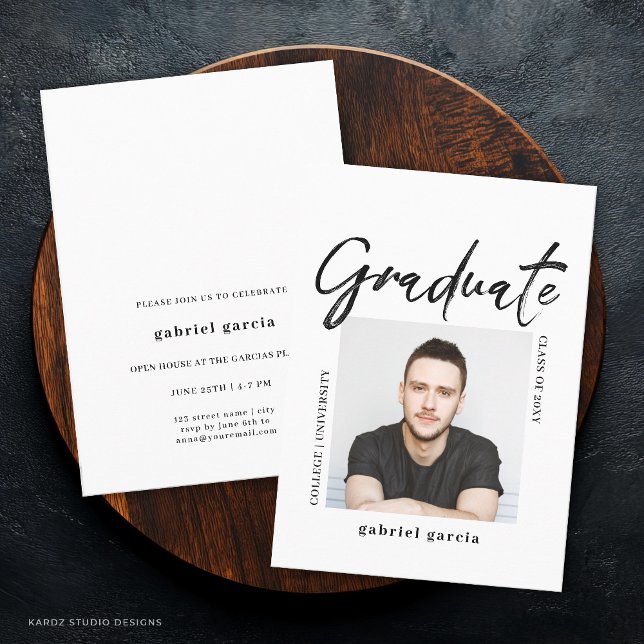 Invitation Miniature de script photo College Graduate Party (Front and back of a 4.5 x 6.25 inch. is shown. Choose size, paper, and corner style.
)