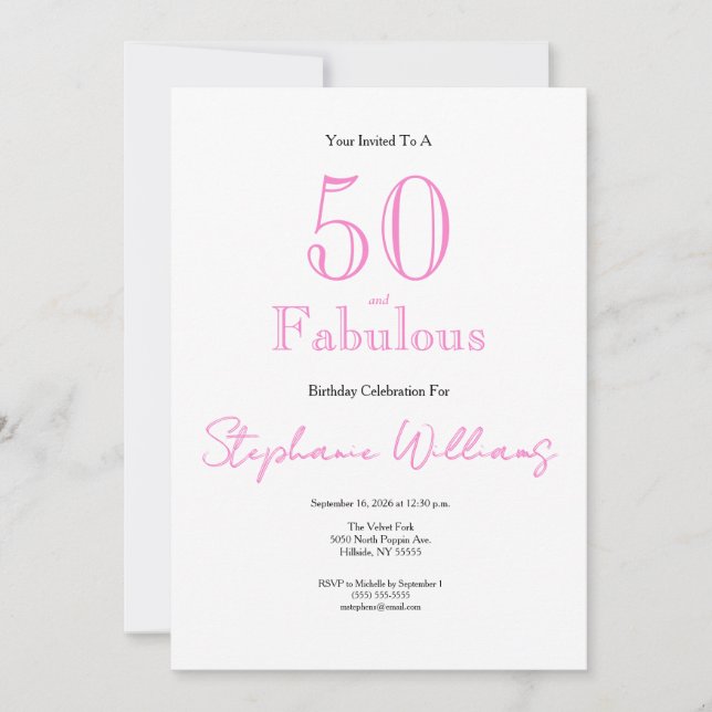 Invitation Minimal 50 and Fabulous Pink 50th Birthday (Devant)
