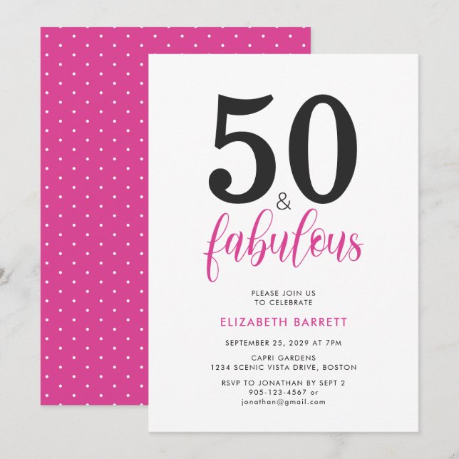 Invitation Minimal 50 and Fabulous Pink 50th Birthday Party (Devant / Derrière)
