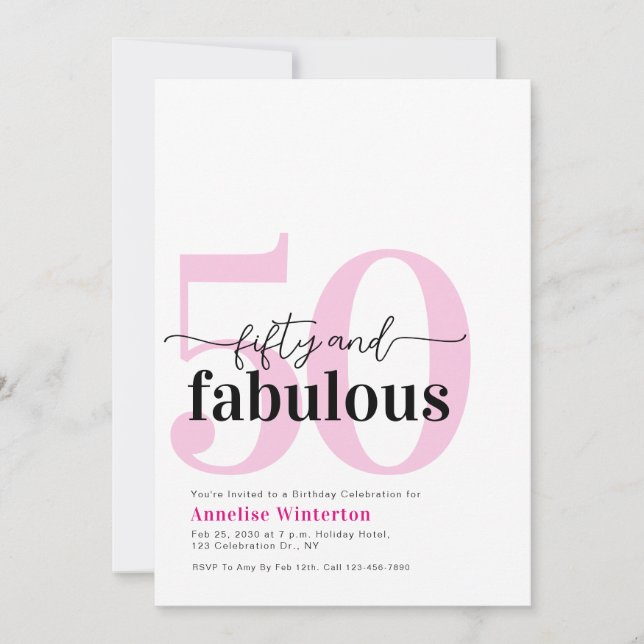 Invitation Minimal 50 and Fabulous Pink 50th Birthday Party (Devant)