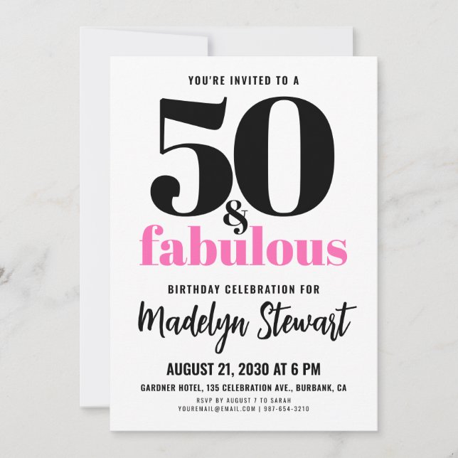 Invitation Minimal 50 and Fabulous Pink 50th Birthday Party (Devant)