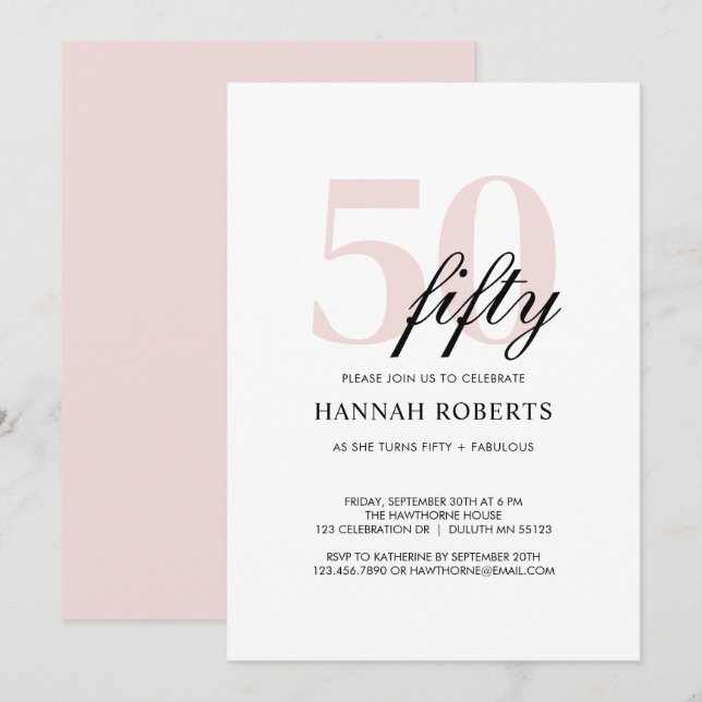 Invitation Minimal 50 and Fabulous Pink 50th Birthday Party (Devant / Derrière)