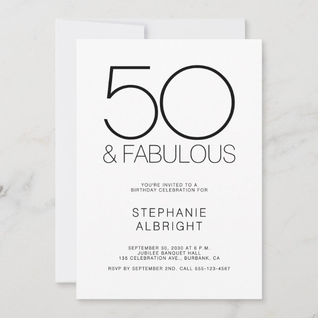 Invitation Minimal 50 et Fabulosité Fête d'anniversaire 50 an (Devant)